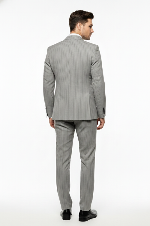 Men’s Grey and Black Pinstripe Double-Breasted Suit - 1920s Gangster Vintage Looking suit By Rossiman USA Men's Outlet