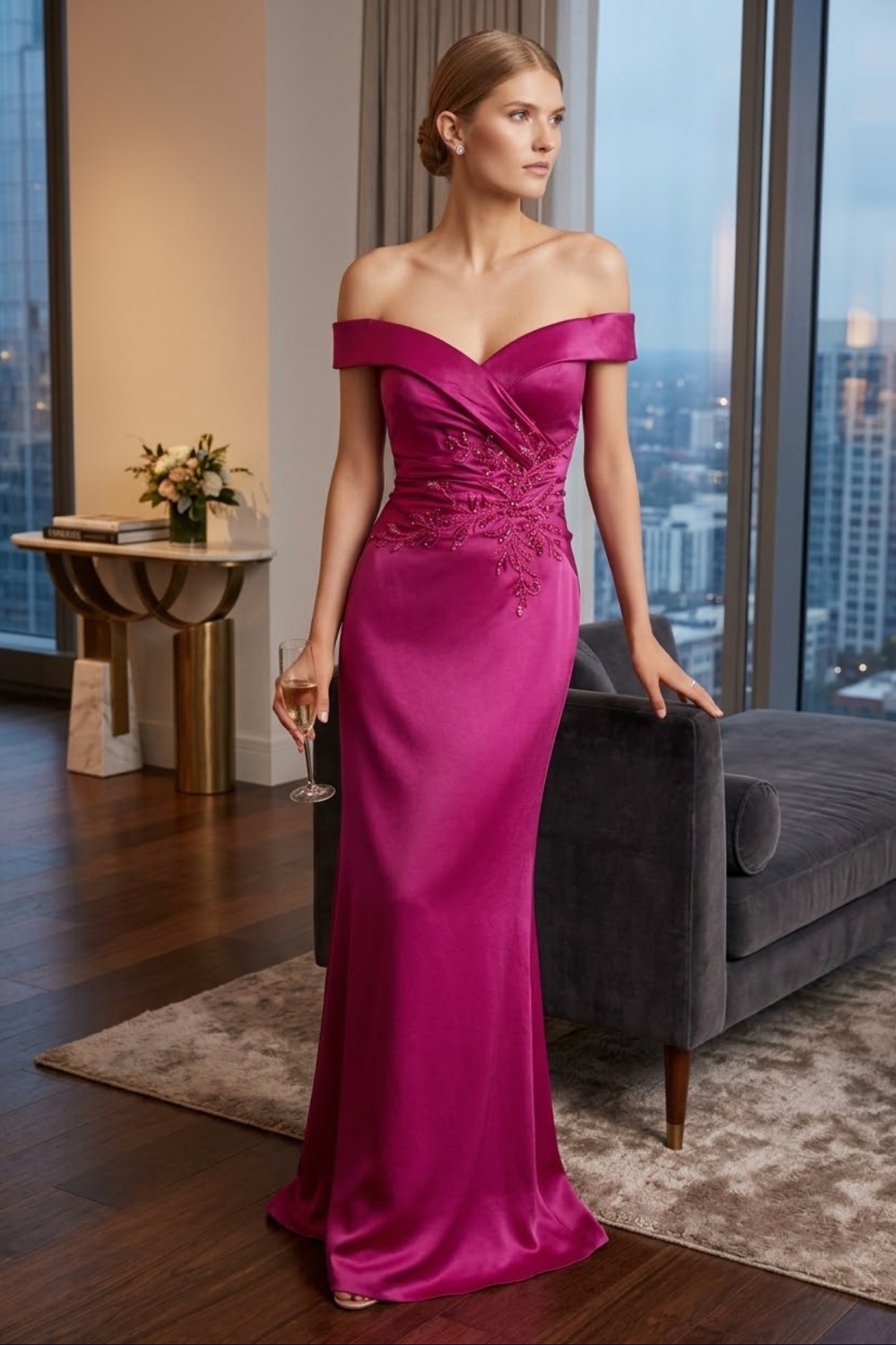 Nox Anabel MT108 Stunning Off-Shoulder Satin Fitted Gown