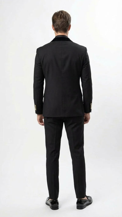 Men’s Black Double Breasted Tuxedo Suit - Luxury Formal Dinner Jacket Gold Buttons Velvet Lapel by USA Men's Outlet