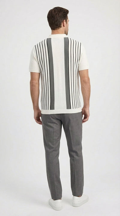 Mens White and Charcoal Gray Stripe Walking Suit Set – Short Sleeve Button Shirt and Pants Casual Summer Outfit for Travel, Vacation and Everyday Wear