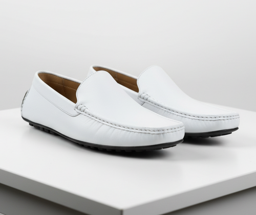Men’s Mundo White Leather Loafers – Classic Slip-On Dress Shoes for Casual and Formal Wear