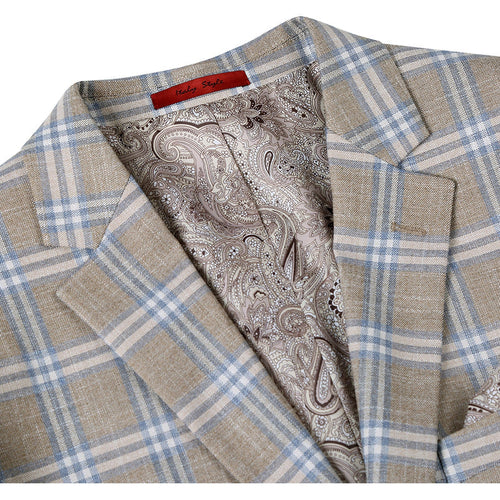 Mens Two Button Classic Fit Sport Coat Blazer in Grey Tan Windowpane Plaid by Renoirin