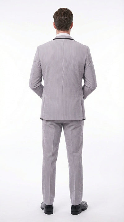 Mens Black and White Pinstripe Wedding Tuxedo Suit – Three Piece Formal Suit Set with Contrast Trim for Groom, Prom - Seersucker Summer Suit