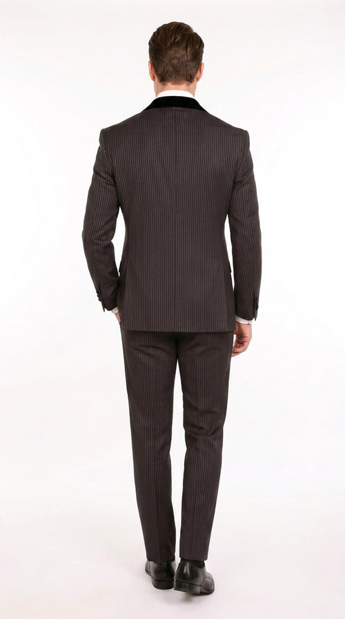 Men’s Black Shadow Pinstripe Double-Breasted Tuxedo Tone on Tone Formal Wedding Suit Modern Fit 1920s Style