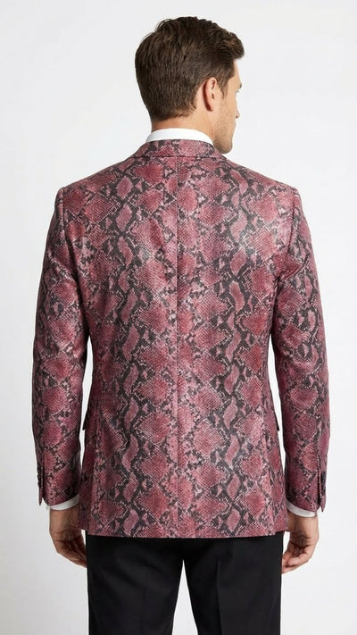 Men’s Burgundy and Black Snakeskin Print Blazer - Alligator Crocodile Sport Jacket Exotic Skin by USA Men's Outlet