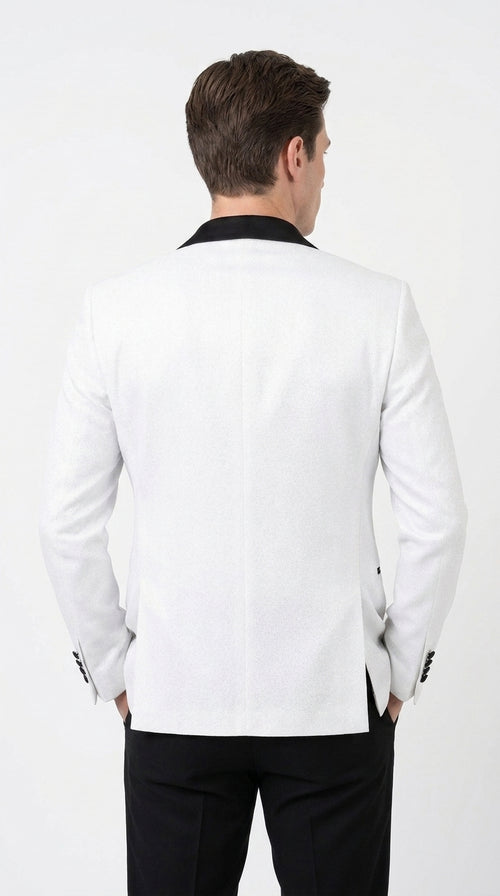 Men's White Sparkle Dinner Jacket β Black Satin Shawl Lapel Tuxedo Blazer Slim Fit Sequin Shiny Prom Jacket