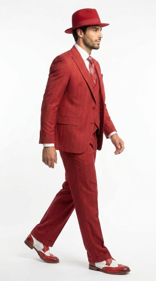 Men’s Red & White Pinstripe 3-Piece Suit by Mazari – Peak Lapel Classic Fit Gangster Suit with Pleated Pants