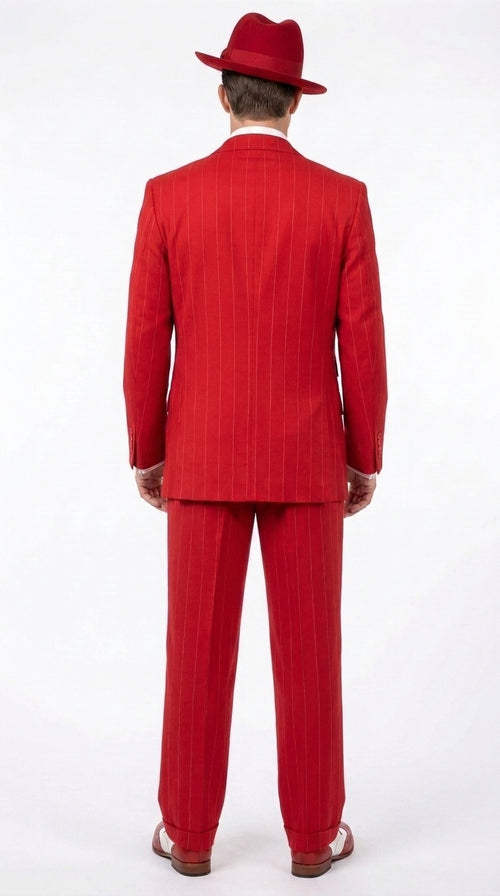 1920s Christmas Holiday Gangster Men’s Red Pinstripe 3-Piece Suit – Peak Lapel Classic Fit Pleated Pants