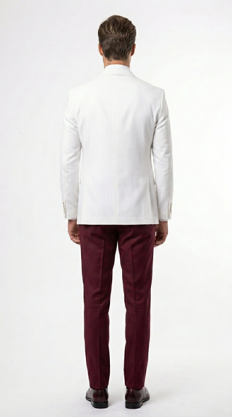 Menās White and Burgundy 3 Piece Tuxedo Suit, Vested Formal Wedding Prom Dinner Suit Set bowtie included
