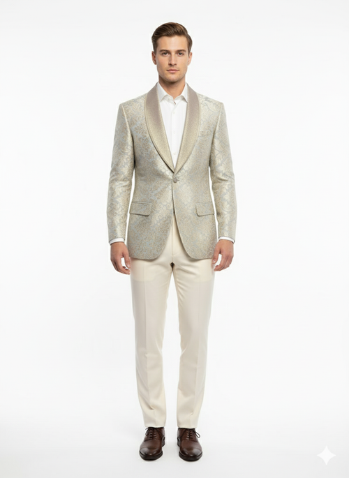 Men’s Champaign Silver and Cream Embroidered Luxury Blazer - Floral Pattern Wedding & Party Dinner Jacket in Light Tan Color by USA Men's Outlet