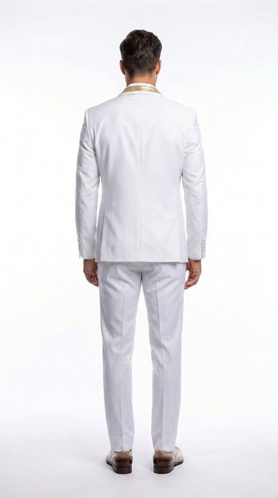 Menβs White and Gold Lapel 2-Piece Tuxedo Suit with Gold Glitter Shawl Lapel β Wedding, Prom and Dinner Jacket