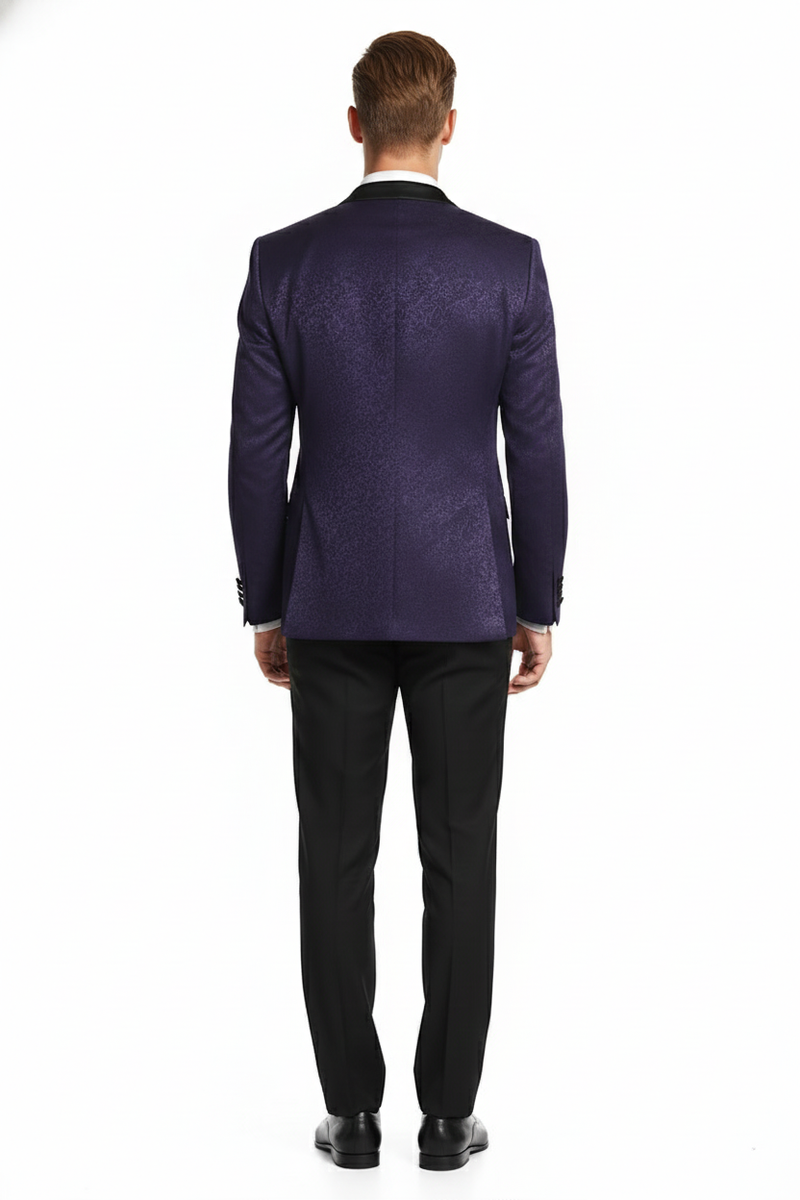 Men’s Purple Paisley Tuxedo Jacket – Ultra Slim Fit Dinner Blazer with Black Satin Peak Lapel