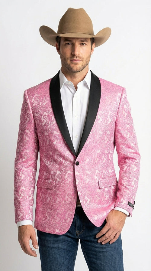 Mens Hot Pink Paisley Western Blazer Jacket β Stylish Pattern Formal Blazer with Black Shawl Lapel for Party, Wedding Cowboy Sportcoat