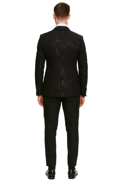 Black Sequin Tuxedo Suit with Satin Shawl Lapel – Mens Slim Fit Formal Prom and Wedding Attire