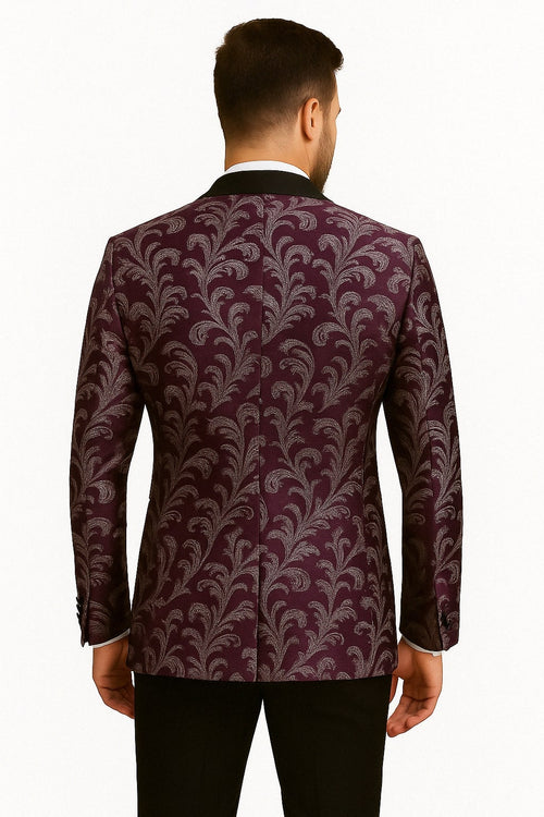 Mens Purple and White Paisley Floral Brocade Tuxedo Jacket - Suit with Satin Lapel Wtih Black Pants