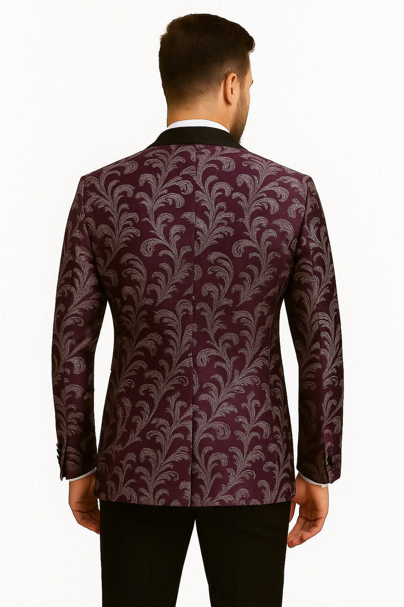 Mens Purple and White Paisley Floral Brocade Tuxedo Jacket - Suit with Satin Lapel Wtih Black Pants