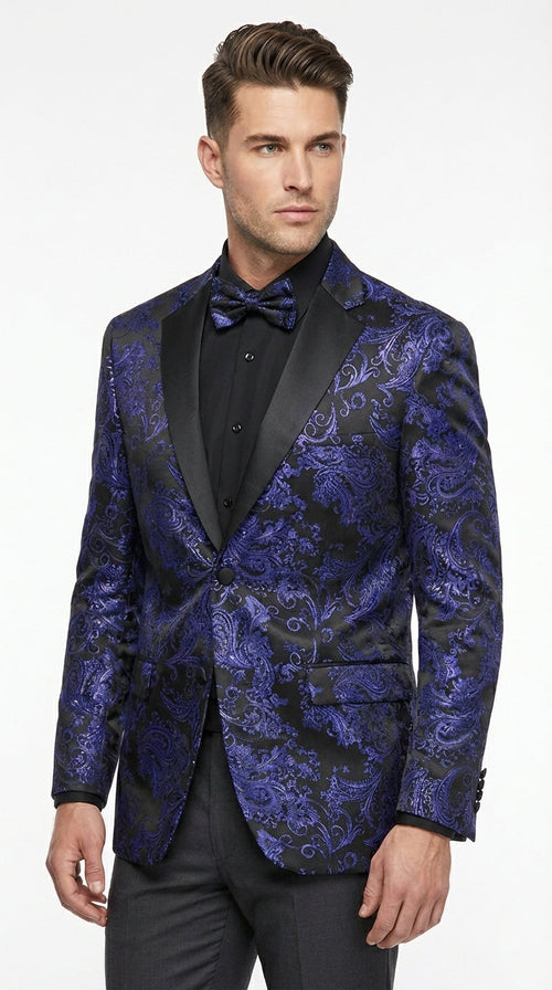 Mens Royal Blue Paisley Jacquard Blazer β Luxury Pattern Tuxedo Dinner Jacket with Black Satin Lapel for Wedding, Prom With Bowtie