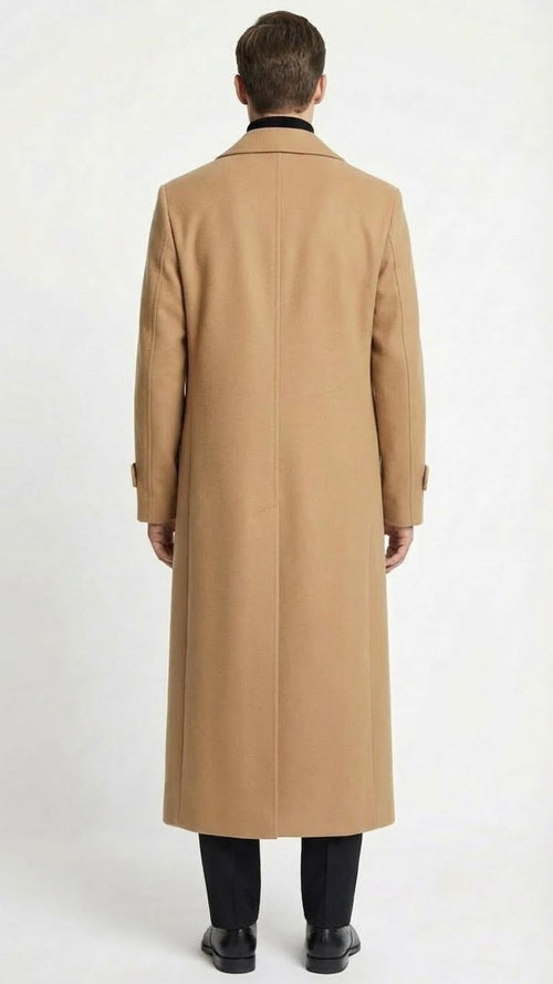 Men’s Full-Length Camel Overcoat – Classic Long Microfiber-Blend Coat for Winter and Formal Wear Maxi Duster Coat