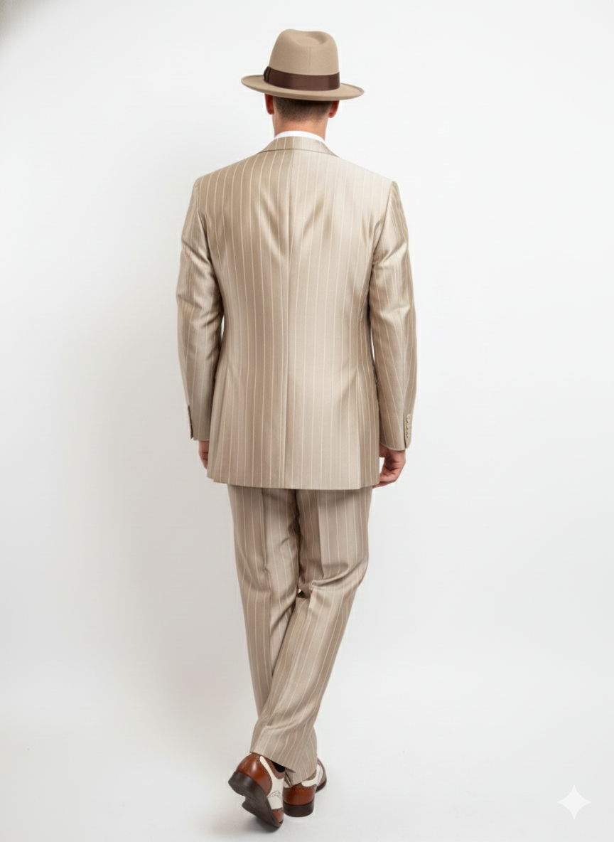 Men’s 1920s Vintage Beige Pinstripe Three-Piece Suit - Classic Fit Jacket, Vest and Trousers - Champaign Tan Color by USA Men's Outlet