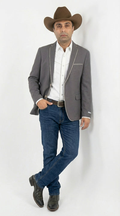 Mens Grey and White Trim Western Blazer – Classic Fit Cowboy Style Contrast Trim Dress Jacket