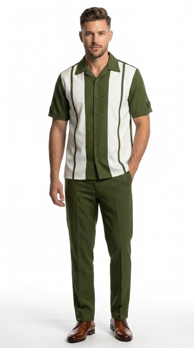 Menβs Olive Green and White Walking Suit β 2-Piece Short Sleeve Casual Leisure Outfit