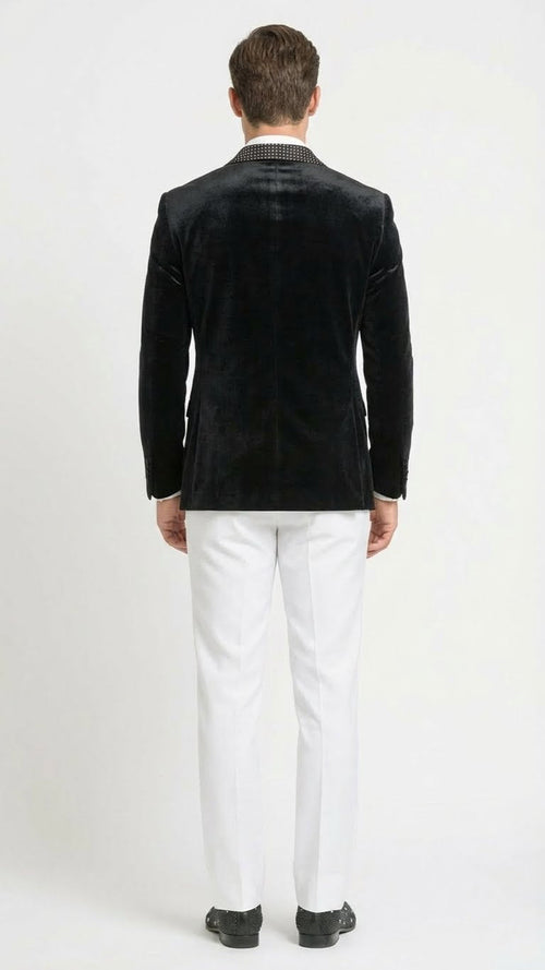 Men’s Black Velvet Tuxedo Blazer with Studded Lapel - Formal Evening Jacket by USA Men's Outlet