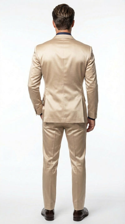 Mens Shiny Champagne Gold Two Piece Suit – Luxury Formal Satin Finish Suit for Wedding, Party and Evening Wear