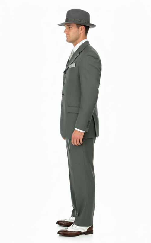 Men’s 1920s Gray Zoot Suit – 4 Buttons Gangster Wide Lapel Long Jacket 3-Piece Suit in Grey Color Classic Fit Pleated Pants