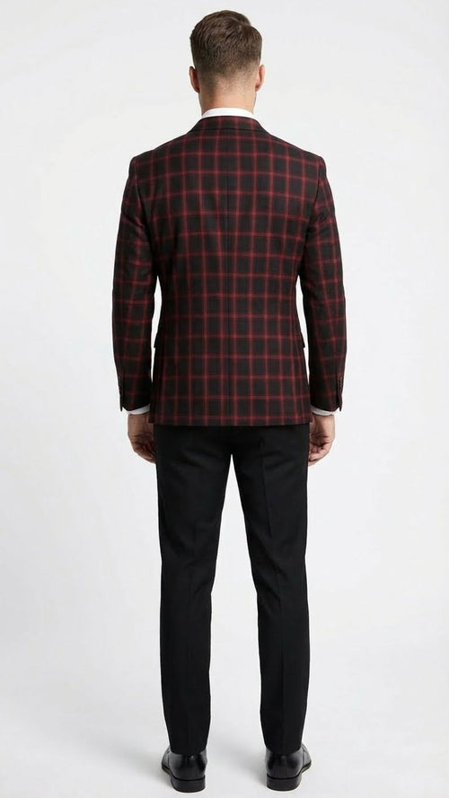 Men’s Black and Red Check Double Breasted Blazer - Sport Coat Jacket Windowpane Sportcoat Slim Fit by USA Men's Outlet