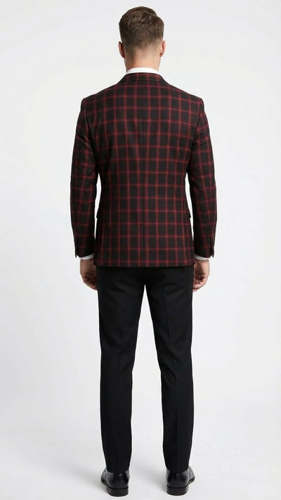 Men’s Black and Red Check Double Breasted Blazer - Sport Coat Jacket Windowpane Sportcoat Slim Fit by USA Men's Outlet