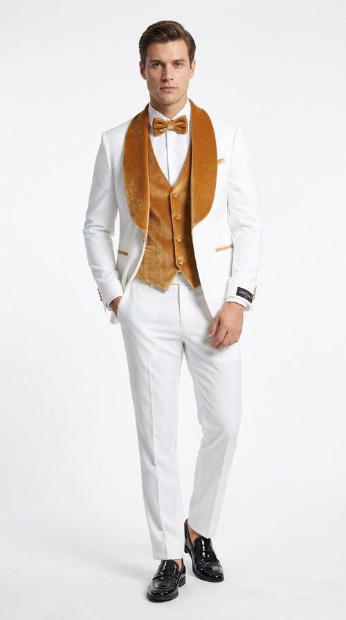 Men's White & Gold Tuxedo β Velvet Shawl Lapel 3 Piece Wedding & Prom Suit