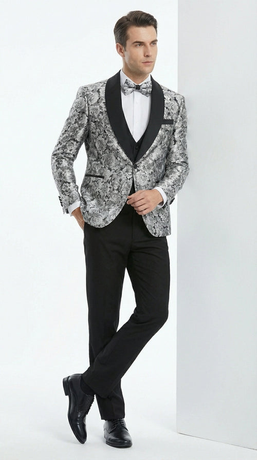 Mens Black and Silver Floral Tuxedo β Luxury Patterned Wedding, Prom and Formal Dinner Tuxedo