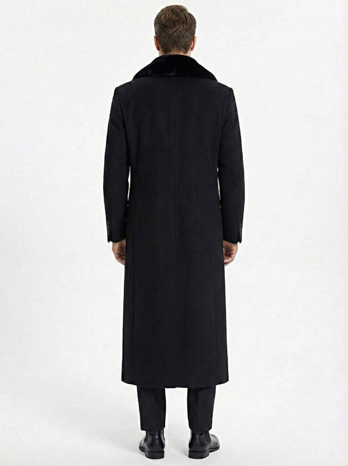 Men’s Black Long Overcoat with Faux Fur Collar, Full Length Winter Topcoat for Formal and Business Wear