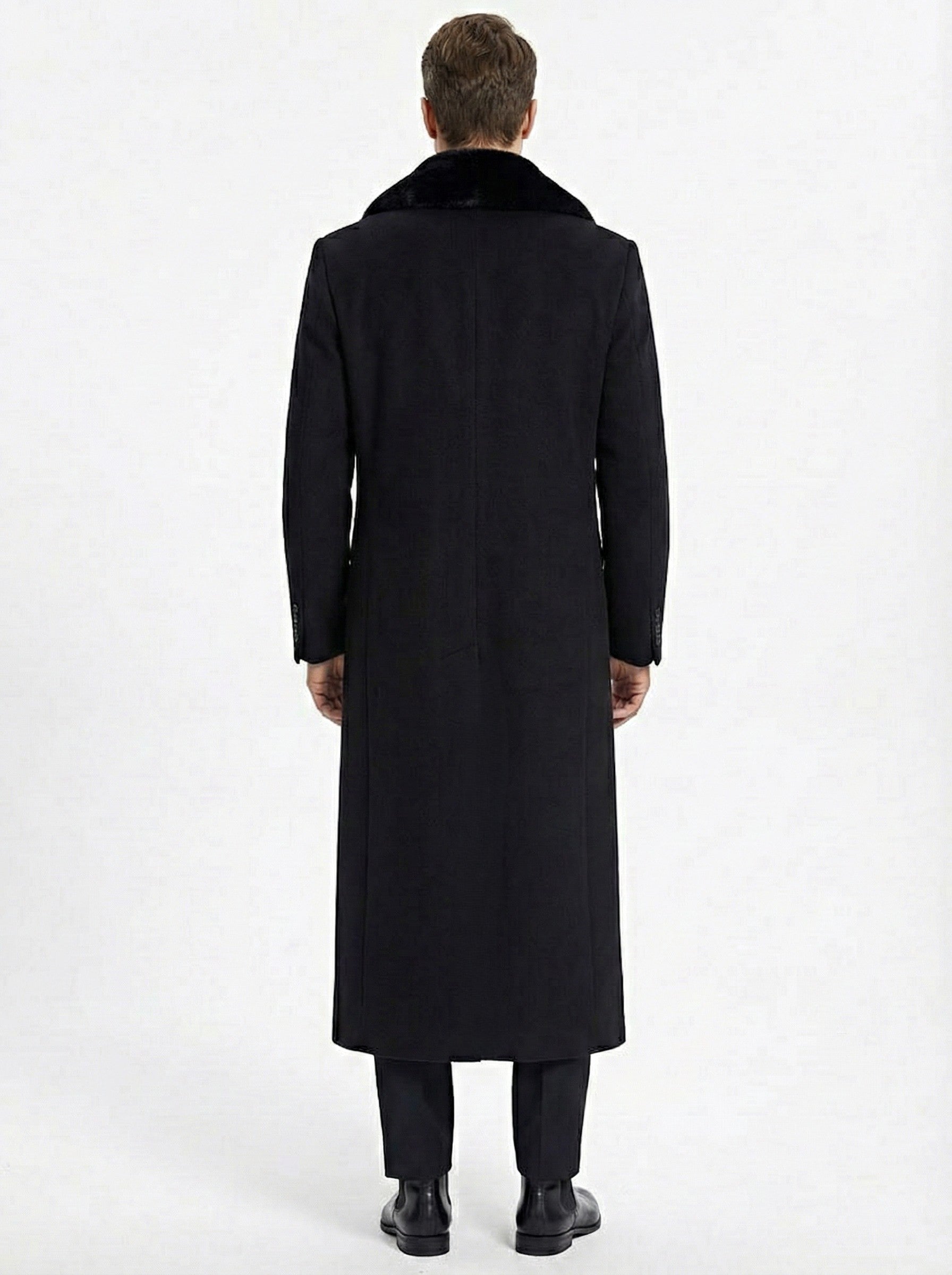 Men’s Black Long Overcoat with Faux Fur Collar, Full Length Winter Topcoat for Formal and Business Wear