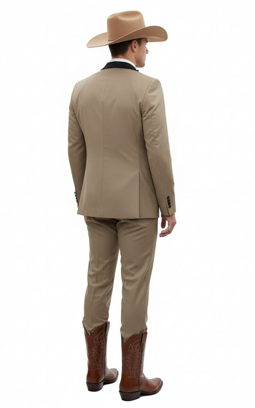 Mens Western Cowboy Suit β 3-Piece Tan Tuxedo with Black Lapel, Vest, and Pants Beige Color
