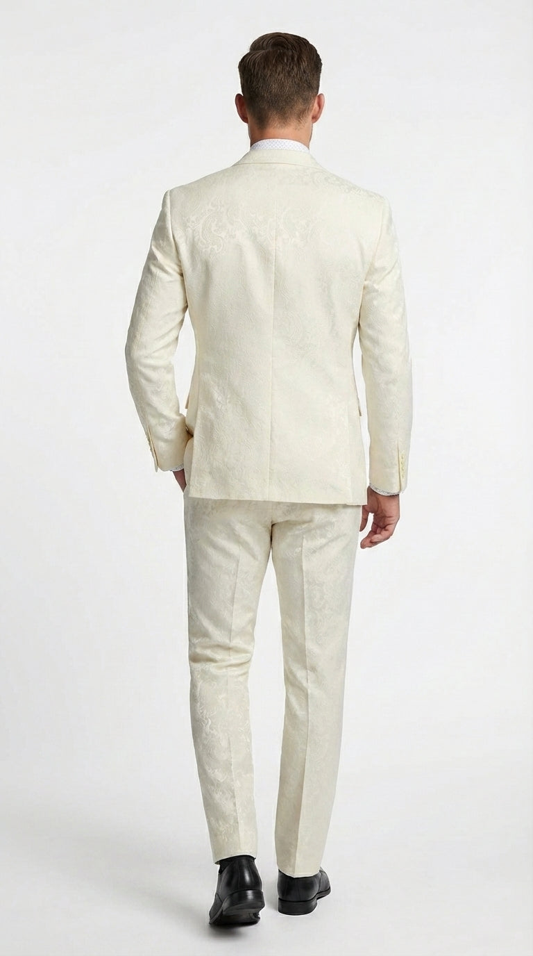 Men’s Ivory Paisley Shiny Suit – Flroal Formal Wedding and Prom Suit for Party, in Cream Off White