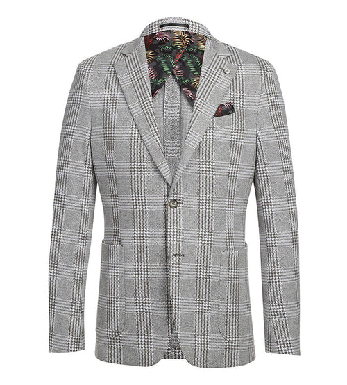 Half Canvas Slim Fit Blazer in Plaid Gray by Pellagio