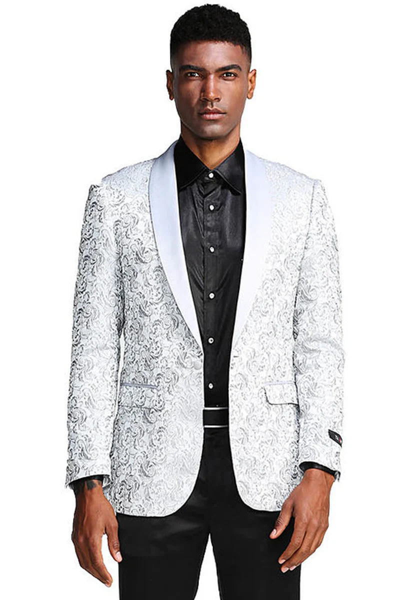Men’s Silver Grey Tonal Paisley Tuxedo Jacket – Slim Fit Wedding & Prom Blazer – SuitUSA