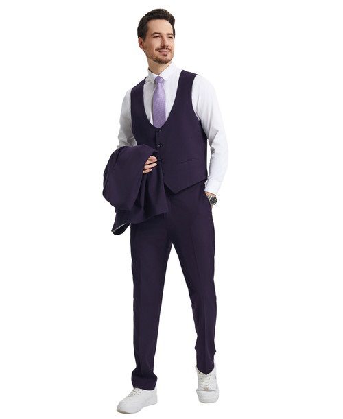 Stacy Adams Men’s Premium Eggplant-Dark Purple Modern Fit Three Piece One Button Peak Lapel Suit