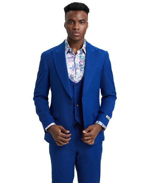 Stacy Adams Men’s Premium Royal Blue Modern Fit Three Piece One Button Peak Lapel Suit