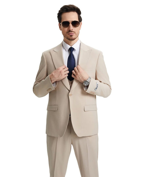 Stacy Adams Men’s Premium Tan-Beige Modern Fit Three Piece One Button Peak Lapel Suit