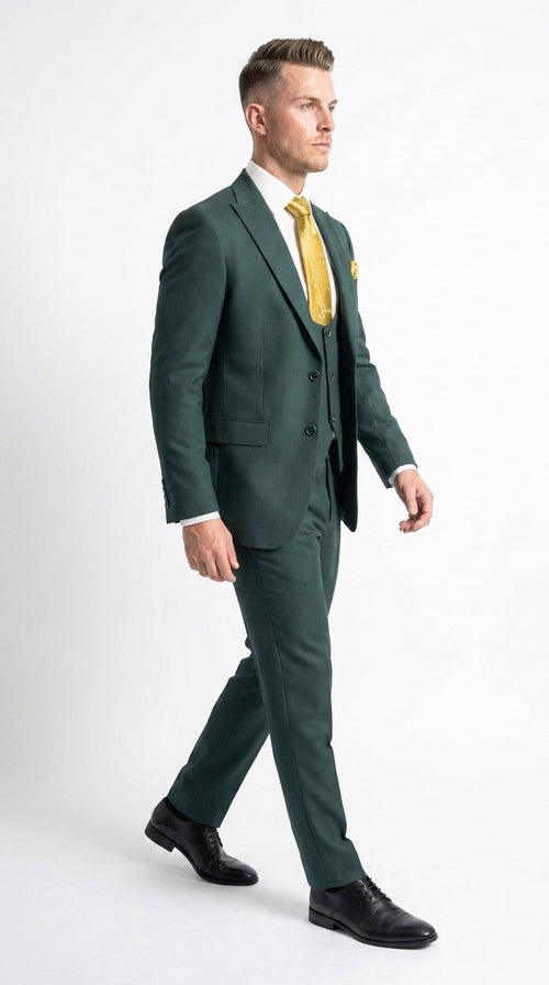 Mens Vitali 3 Piece Suit W/Scoop Vest Hunter Green 3-Piece Suit –, Big Peak Lapel Vest and Pants Modern Fit Two Buttons
