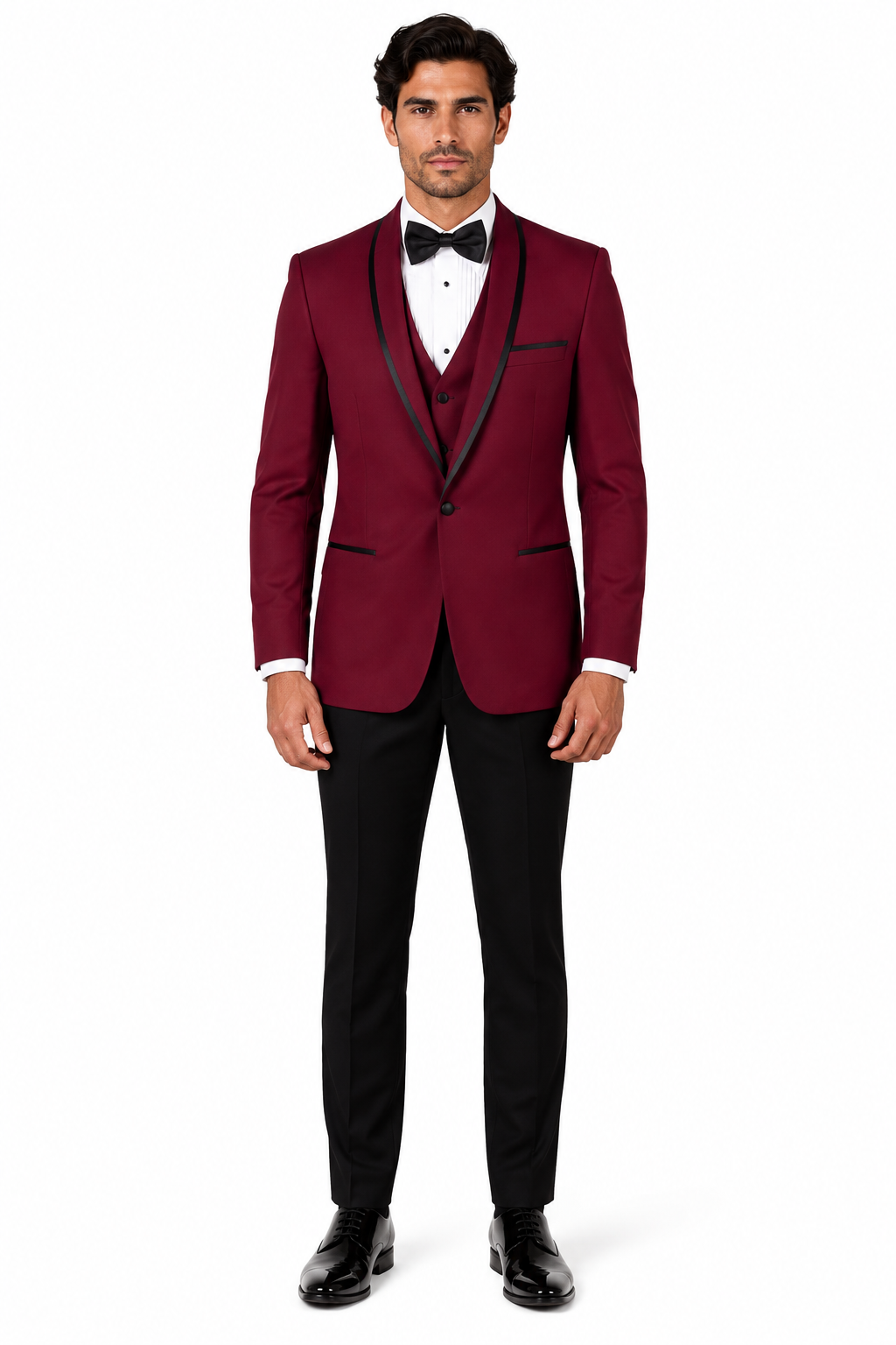 3-Piece Tailored Fit Wool Suit with Bow Tie and Flat Front Pants - Burgundy – SuitUSA