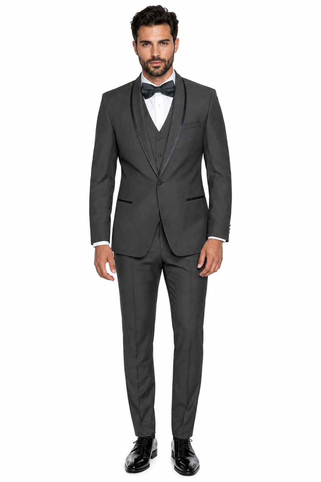 3-Piece Tailored Fit Wool Suit with Bow Tie and Flat Front Pants - Charcoal – SuitUSA