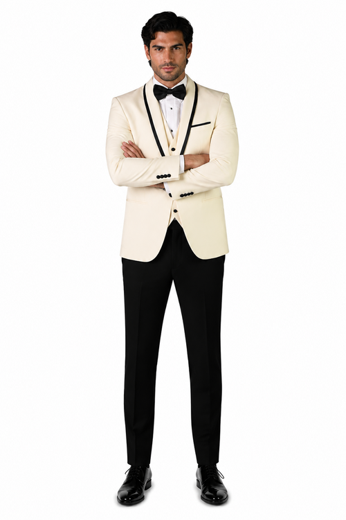 3-Piece Tailored Fit Wool Suit with Bow Tie and Flat Front Pants - Off-White