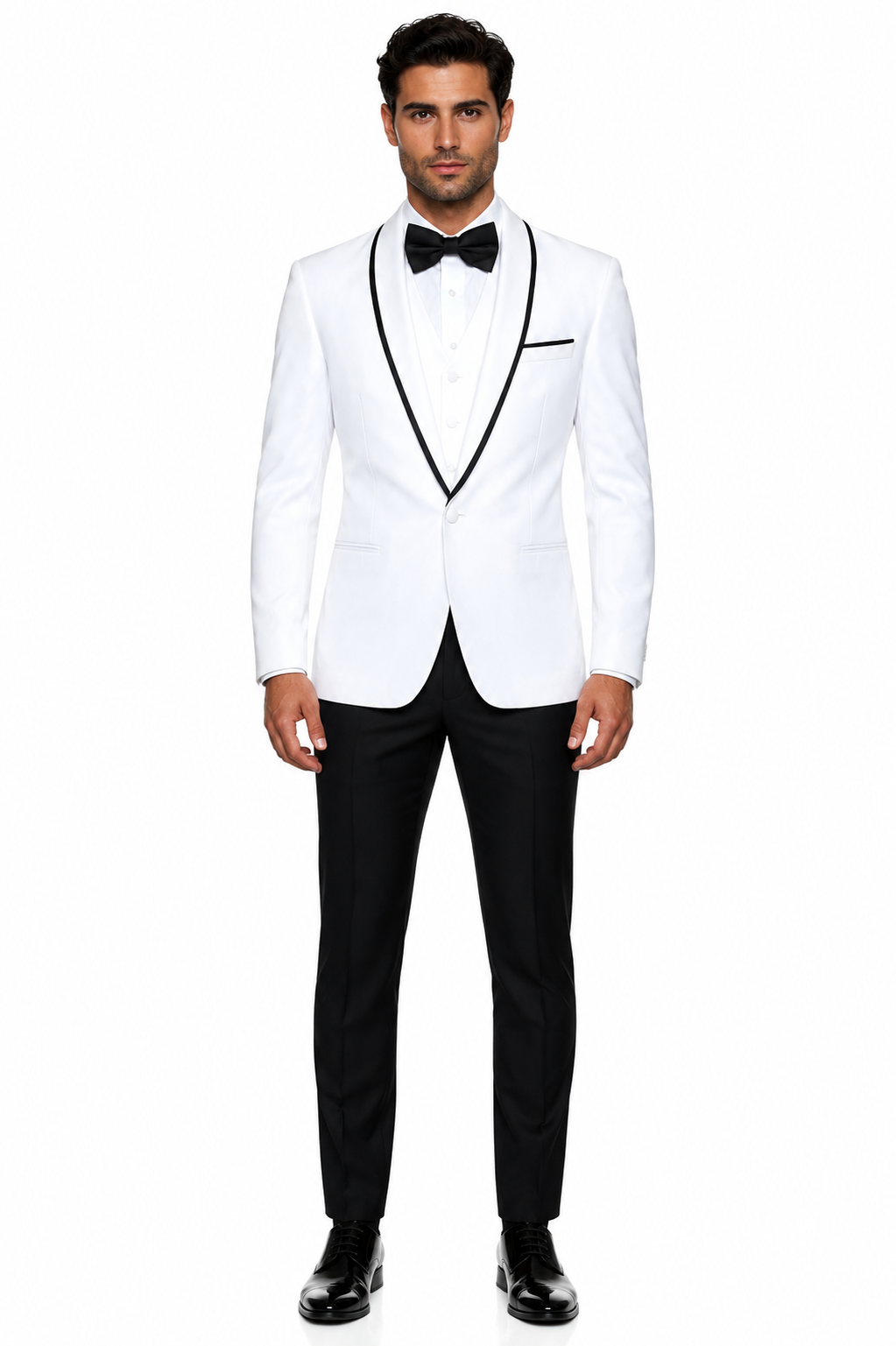 3-Piece Tailored Fit Wool Suit with Bow Tie and Flat Front Pants - White – SuitUSA