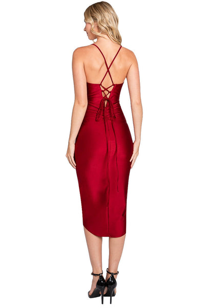 Ruched Bodycon V-Neck Shiny Venus Midi Dress by Perrty 3062