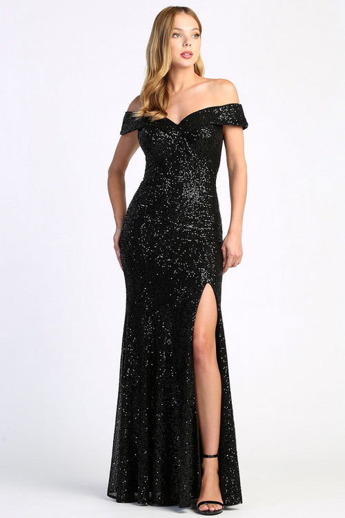 Adora 3059 Off-Shoulder Sequin Fitted Slit Long Formal Prom Dress