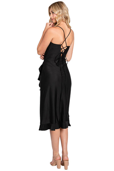 Sleek Fitted Wrap Ruffled Midi Dress with Corset Back by Perrty 3065