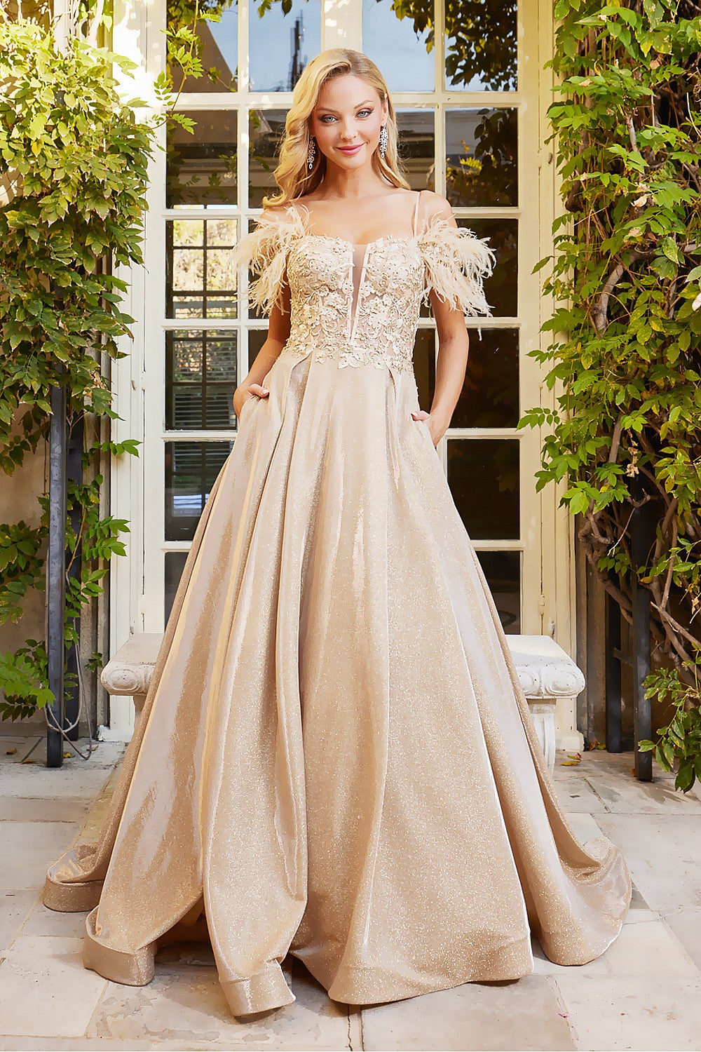 Adora Design 3128 Metallic Glitter Feather Off Shoulder Prom Gown